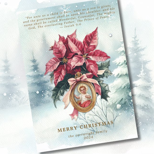 Baby Jesus Poinsettia Watercolor Scripture  Holiday Card (Creator Uploaded)