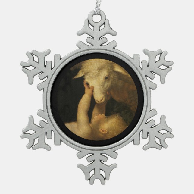 Baby Jesus Touches Face of Lamb Snowflake Pewter Christmas Ornament (Front)