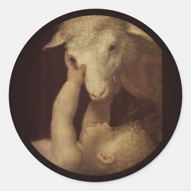 Baby Jesus Touches Lamb Classic Round Sticker (Front)