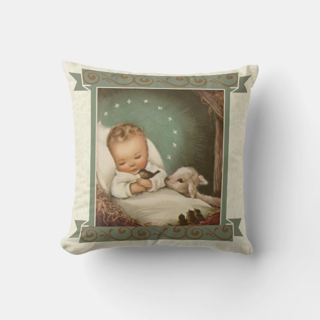 Baby Jesus with lamb & bird in manger Cushion (Front)