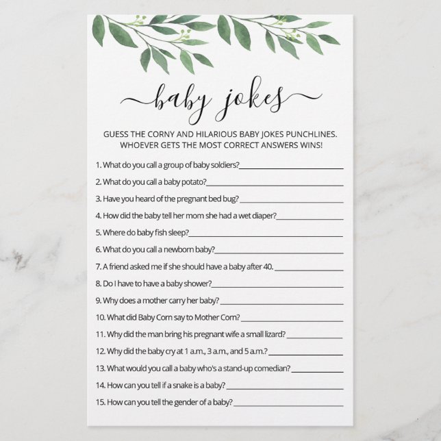 Baby Jokes Baby Shower game with Answers (Front)