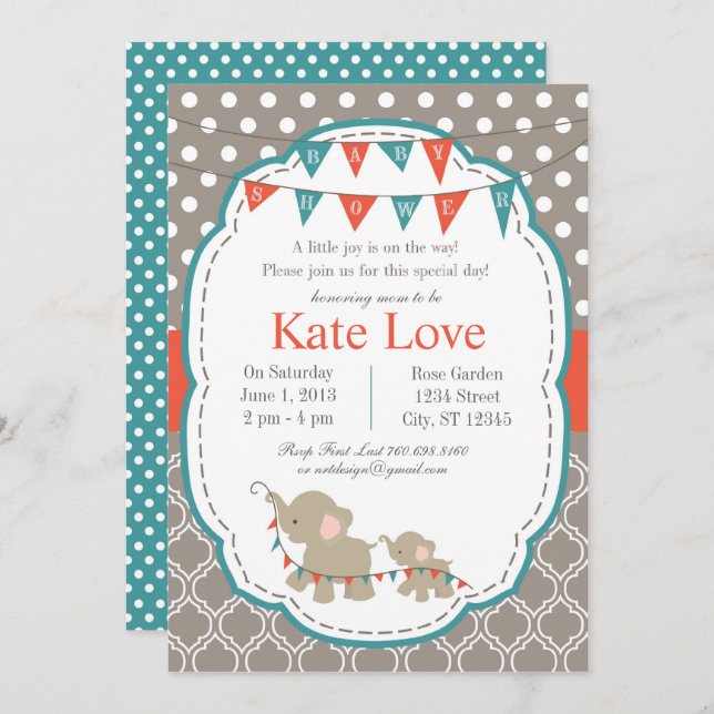 Baby Joy Elephant Shower Invitation - Orange/Teal (Front/Back)