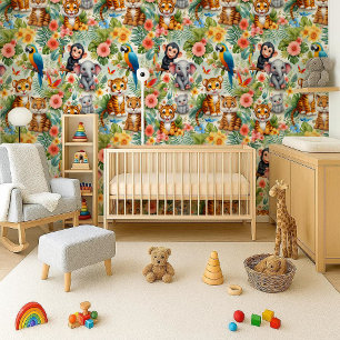 Baby Jungle Animals Tropical Nursery Wallpaper