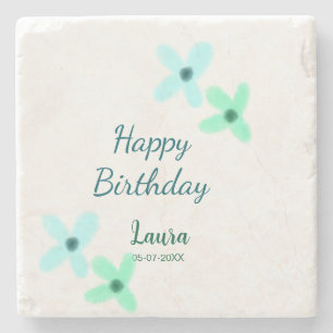Baby kids 1st birthday add name blue green pastel stone coaster