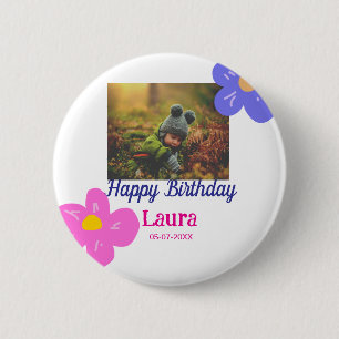 Baby kids 1st birthday add name date add photo 6 cm round badge