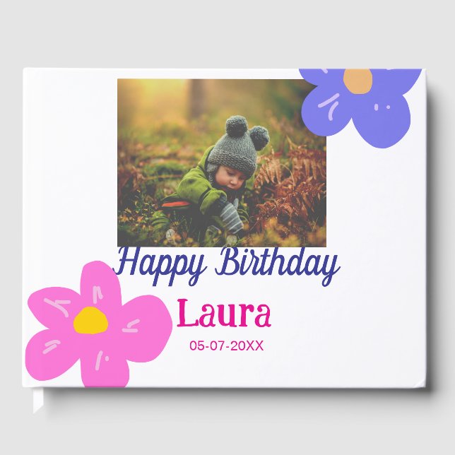 Baby kids 1st birthday add name date add photo guest book (Front)
