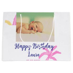 Baby kids 1st birthday add name date add photo large gift bag