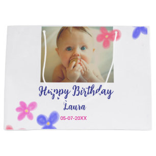 Baby kids 1st birthday add name date add photo large gift bag