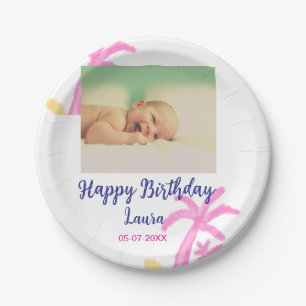Baby kids 1st birthday add name date add photo paper plate