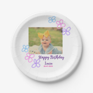 Baby kids 1st birthday add name date add photo paper plate