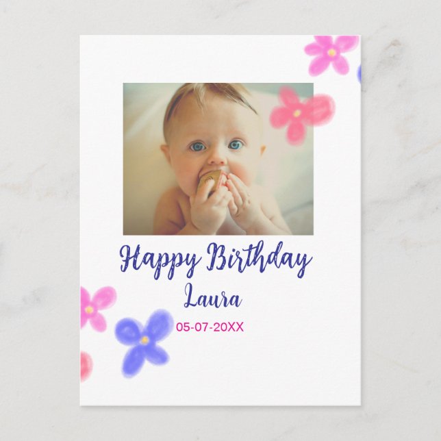 Baby kids 1st birthday add name date add photo postcard (Front)