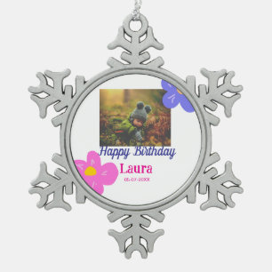 Baby kids 1st birthday add name date add photo snowflake pewter christmas ornament