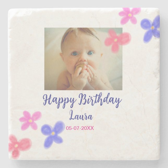 Baby kids 1st birthday add name date add photo stone coaster (Front)
