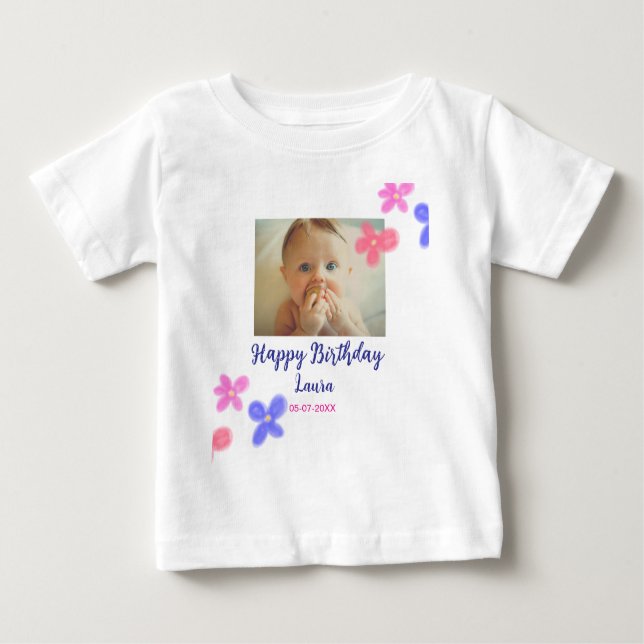 Baby kids 1st birthday add name date add photo T-Shirt (Front)