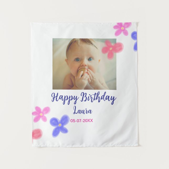 Baby kids 1st birthday add name date add photo tapestry (Front)