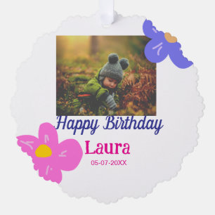 Baby kids 1st birthday add name date add photo tree decoration card