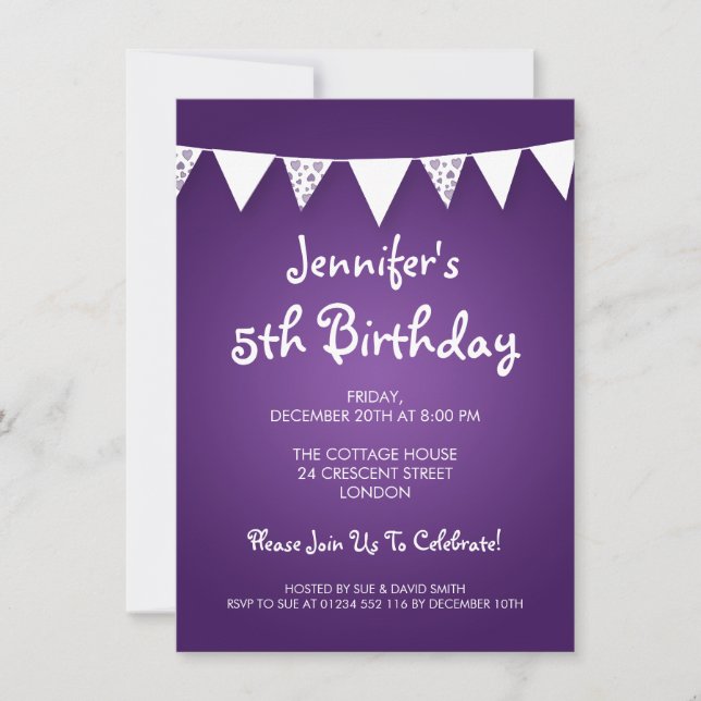 Baby / Kids Birthday Heart Bunting Purple Invitation (Front)