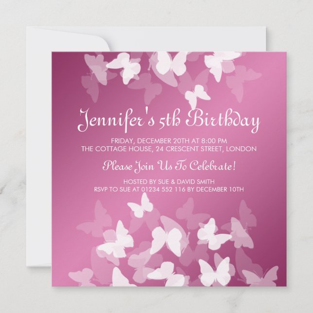Baby / Kids Birthday White Butterflies Pink Invitation (Front)