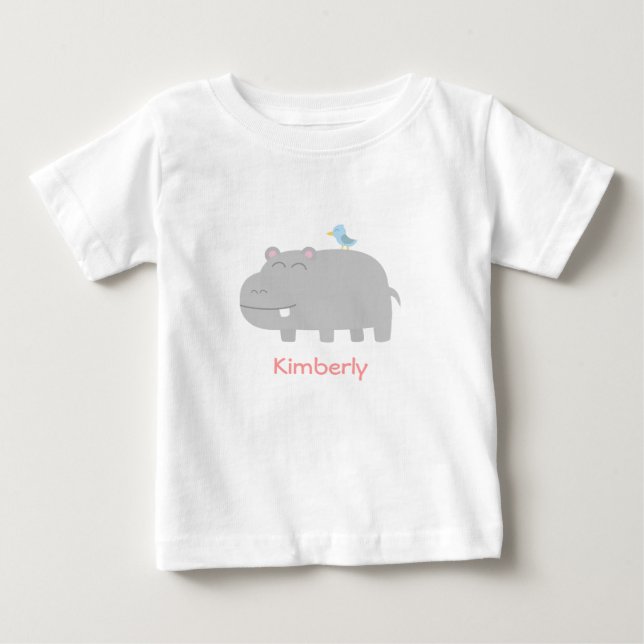 Baby & Kids: Cute Hippo with Blue Bird Cartoon T-Shirt (Front)