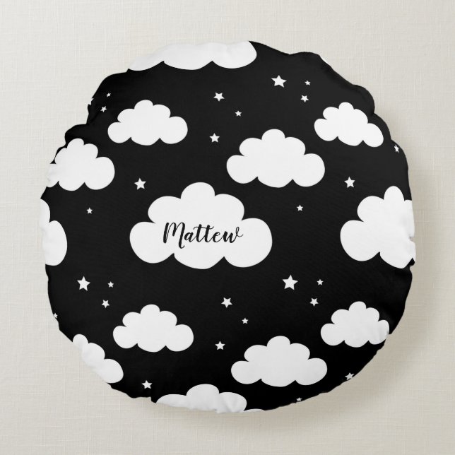Baby & Kids - Monochrome Clouds & stars Round Cushion (Front)