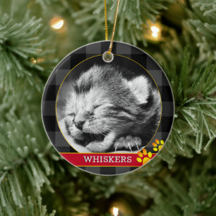 Baby Kitten, Buffalo Plaid, Cat Photo Rustic Ceramic Ornament
