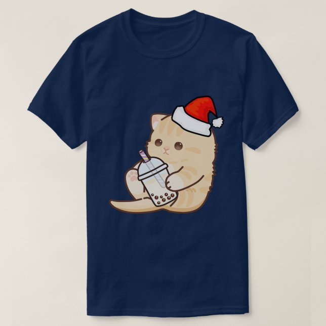 Baby Kitten Loves Boba For Christmas T-Shirt (Design Front)