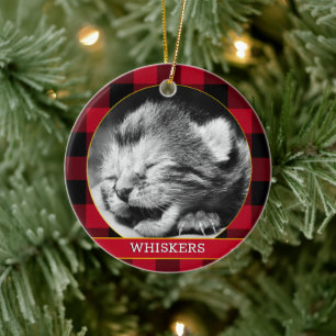 Baby Kitten, Red Buffalo Plaid, Cat Photo Rustic Ceramic Ornament