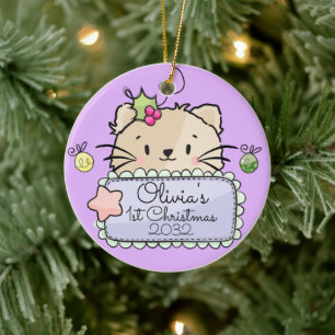 Baby Kitty Cat with Holly First Christmas Ceramic Ornament