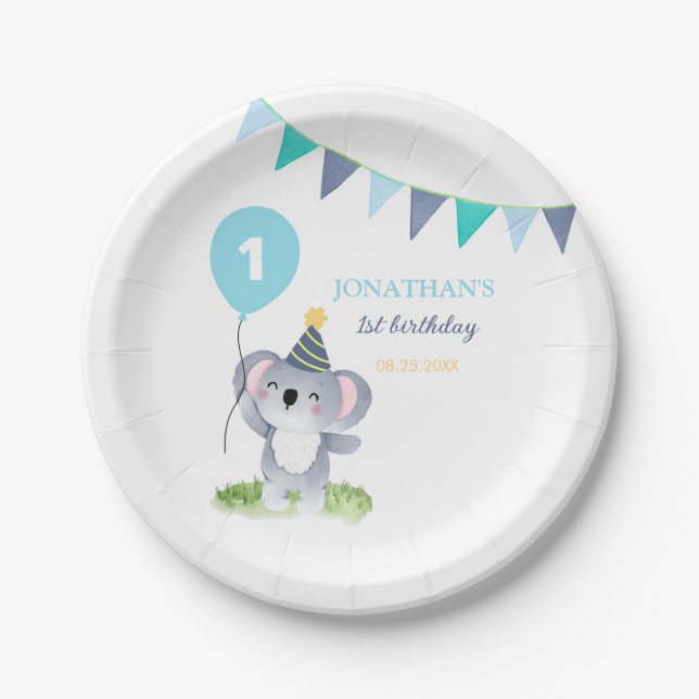 Baby Koala Balloon Party Flag Birthday Paper Plate (Front)