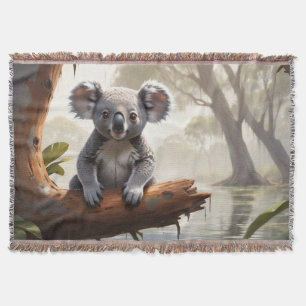Baby Koala by a Pond Throw Blanket