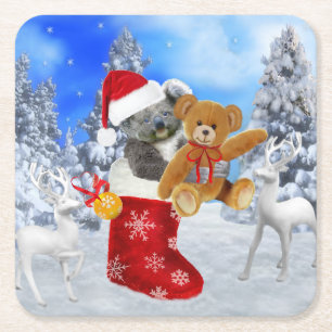 BABY KOALA CHRISTMAS WITH TEDDY SQUARE PAPER COASTER