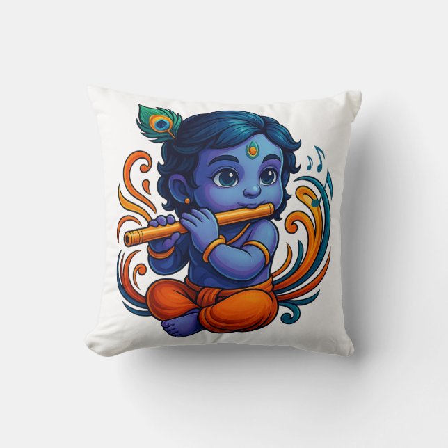 Baby Krishna with Flute – Peace Vibes | Vibrant 3D Cushion (Front)