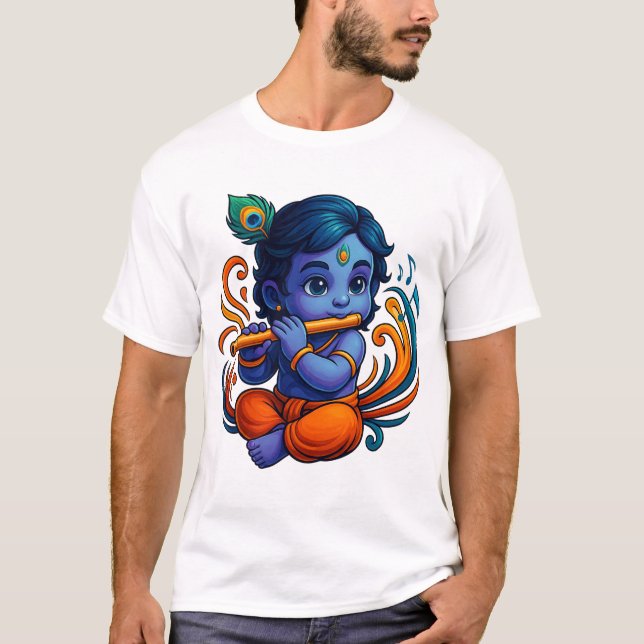 Baby Krishna with Flute – Peace Vibes | Vibrant 3D T-Shirt (Front)