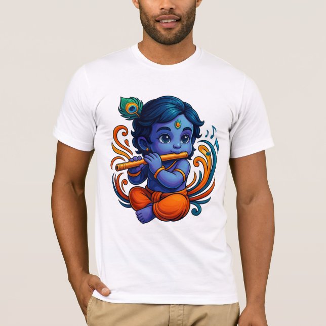 Baby Krishna with Flute – Peace Vibes | Vibrant 3D T-Shirt (Front)