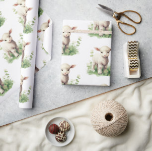 Baby Lamb in Greenery Watercolor Baby Shower Wrapping Paper