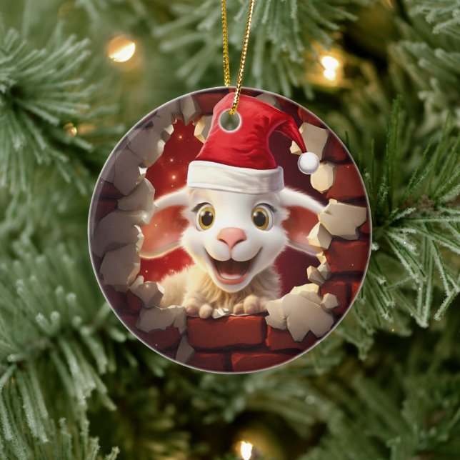 Baby Lamb in Santa Hat - 3D Ceramic Ornament (Tree)