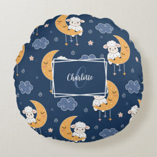 Baby Lamb on Moon Pattern w/ Personalised Message Round Cushion