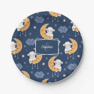 Baby Lamb on Moon Pattern with First Name Paper Plate