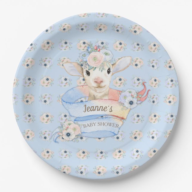 Baby Lamb Pink Blue Farm Nursery Paper Plate (Front)