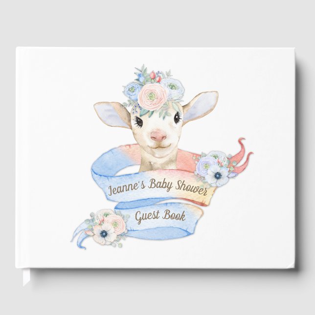 Baby Lamb Pink Blue Gender Neutral Reveal Guest Book (Front)