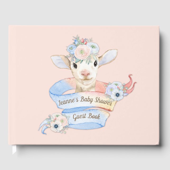 Baby Lamb Pink Blue Gender Neutral Reveal Guest Book (Front)