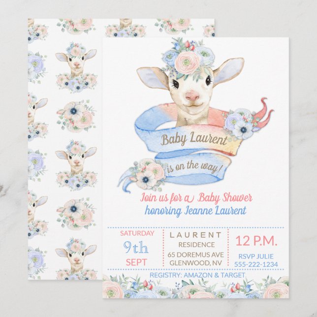 Baby Lamb Pink Blue Gender Neutral Reveal Invitation (Front/Back)