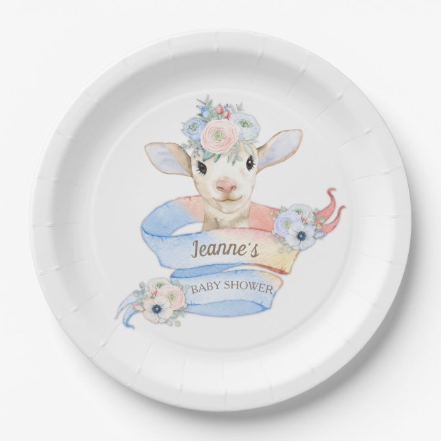 Baby Lamb Pink Blue Gender Neutral Reveal Paper Plate (Front)