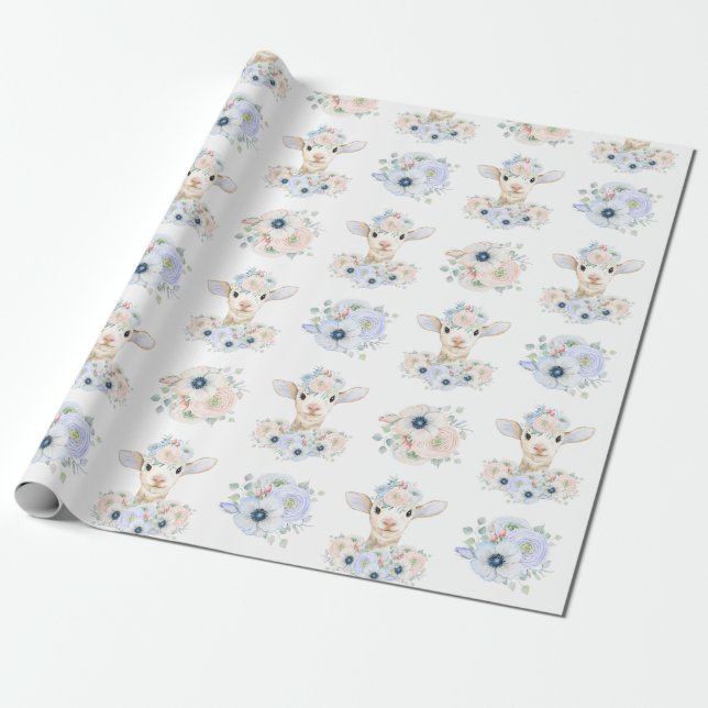 Baby Lamb Pink Blue Gender Neutral Reveal Wrapping Paper (Unrolled)