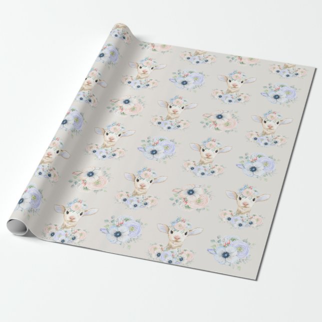 Baby Lamb Pink Blue Gender Neutral Reveal Wrapping Paper (Unrolled)