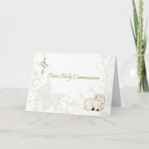 Baby Lamb Tan First Communion Greeting Card