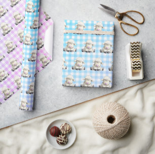 Baby Lambs On Pastel Gingham Wrapping Paper