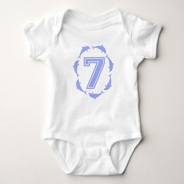 Baby learns number 7 in blue bodysuit (Front)