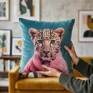  Baby Leopard in Pink Fur Coat Teal  Cushion