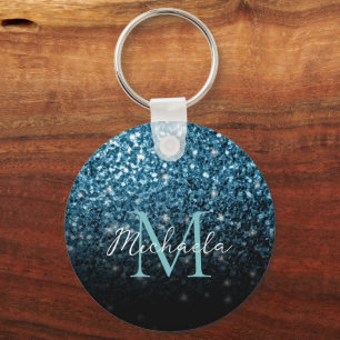 Baby light blue faux glitter sparkles Monogram Key Ring